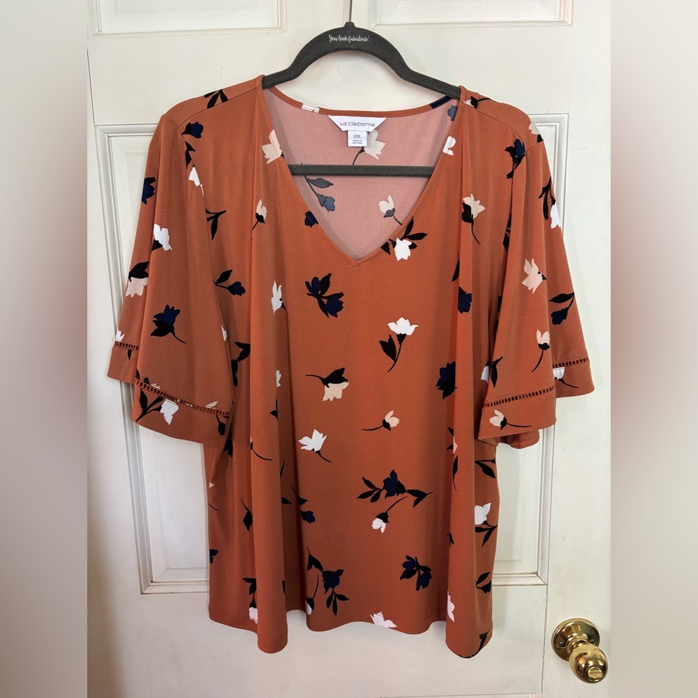 Liz Claiborne Rust Floral V-Neck Blouse, like new